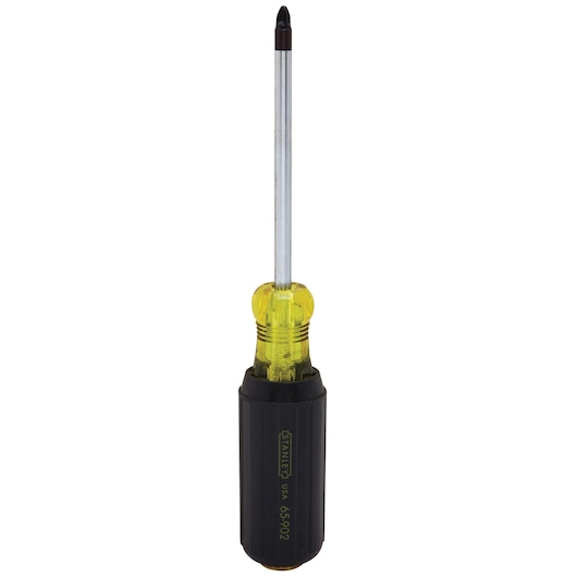 Stanley 65-902 Phillips screwdriver, yellow and black handle, straight-on photo, tool category.