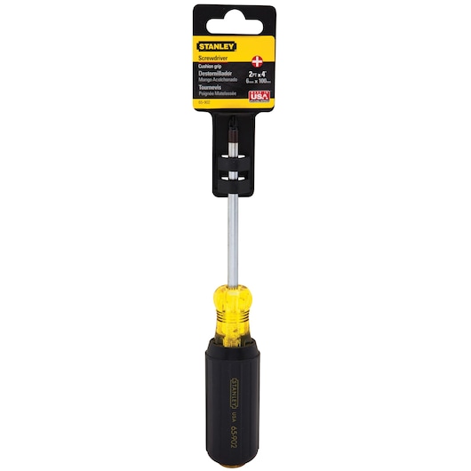 Stanley 65-902 cushion grip screwdriver with yellow and black handle, front view on white background.