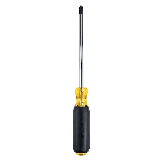 Stanley Phillips screwdriver with black and yellow handle, straight-on angle, white background
