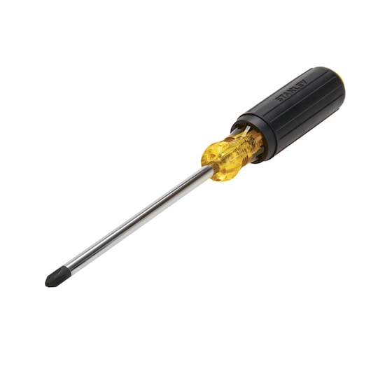 Stanley Phillips screwdriver with yellow and black handle, angled side view on white background.