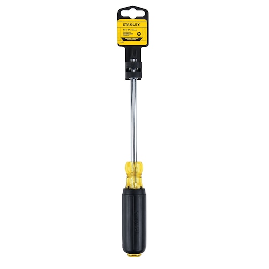 STANLEY 65-903 long flathead screwdriver with yellow and black handle, front view on white background.