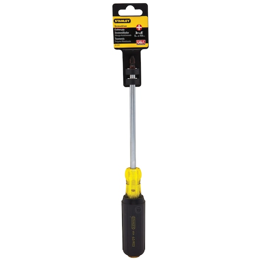 STANLEY 65-903 Phillips screwdriver, yellow and black handle, front angle on white background.
