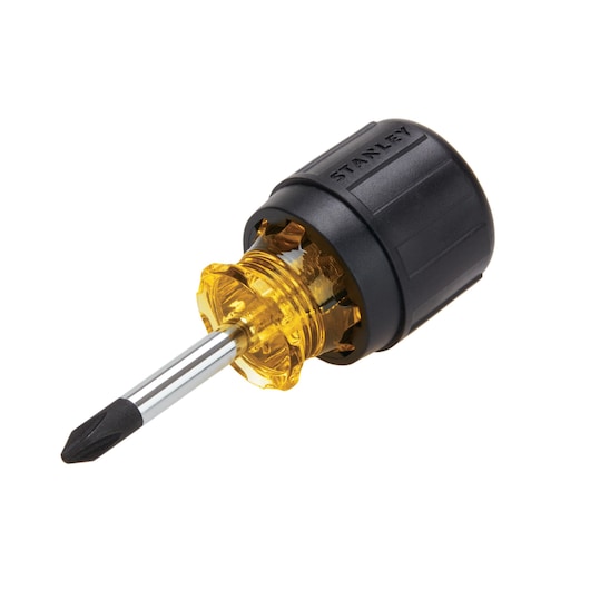 Stanley stubby screwdriver with yellow transparent handle and black rubber grip, angled on white background.