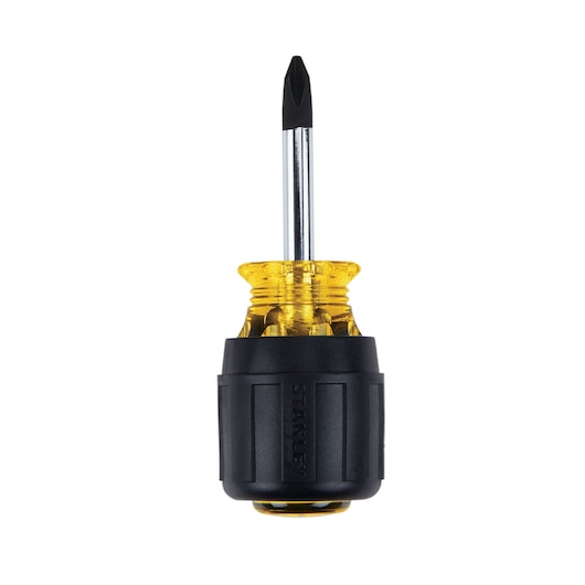 Stanley stubby Phillips screwdriver front view with yellow translucent handle and black grip on white background.