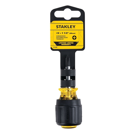 STANLEY 65-905 stubby Phillips screwdriver with yellow and black handle, shown in packaging, front view on white background.