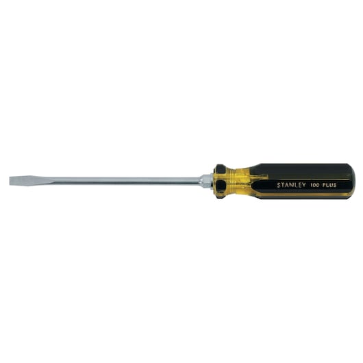 Stanley flathead screwdriver side view with black and yellow handle and chrome-plated shaft on white background