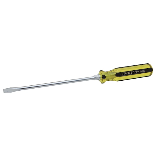 Stanley flathead screwdriver side view with yellow translucent handle and metal shaft on white background