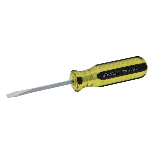 Stanley flathead screwdriver with yellow transparent handle, angled right, on white background