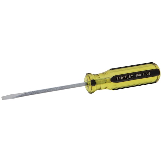 Stanley flathead screwdriver, yellow transparent handle, side view on white background
