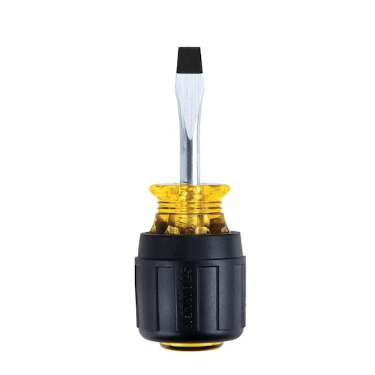 Front view of STANLEY stubby flathead screwdriver with yellow translucent handle and black grip on white background