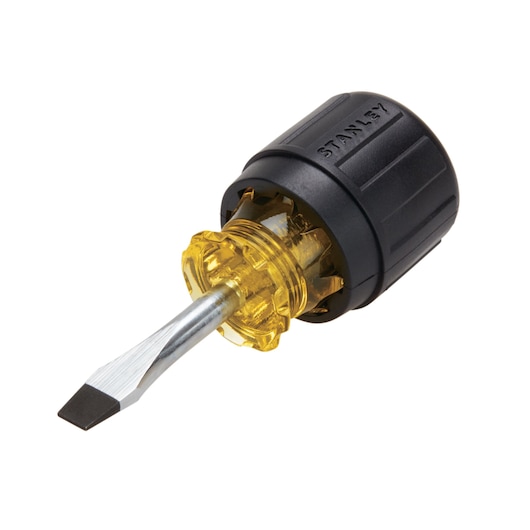 Stanley stubby flat-head screwdriver, angled shot, black and yellow handle, silver blade