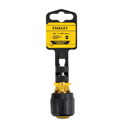 Stanley 66-088 stubby flathead screwdriver with yellow and black handle, front view on white background.