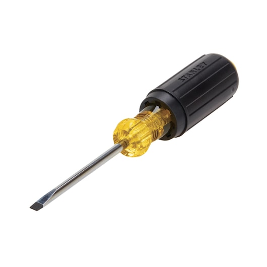 STANLEY 66-089 flathead screwdriver with yellow translucent shaft and black handle, angled on white background.
