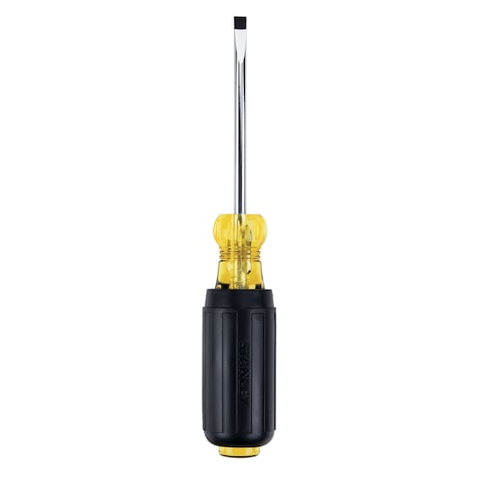 Stanley flathead screwdriver front view, black handle with yellow transparent collar, chrome shaft, white background.