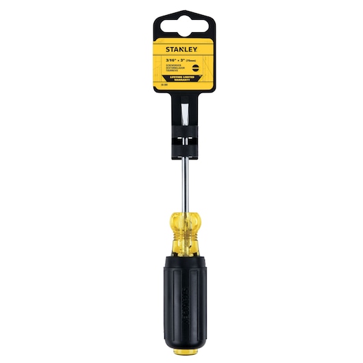 STANLEY 66-089 slotted screwdriver with yellow and black handle, front view on white background.