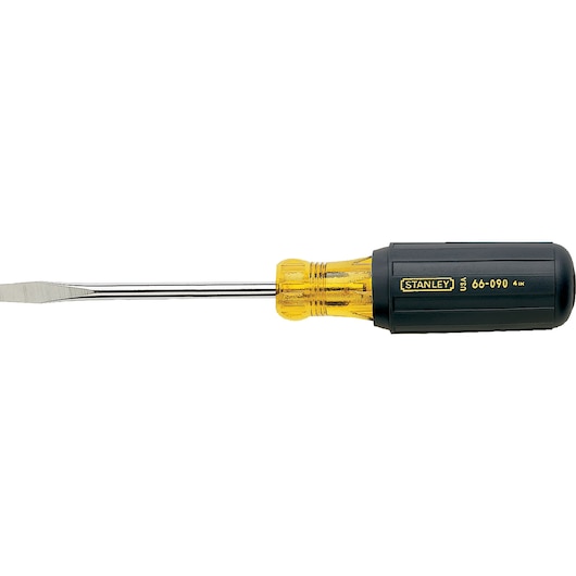 STANLEY 66-090 flathead screwdriver, clear yellow and black handle, white background, side angle.