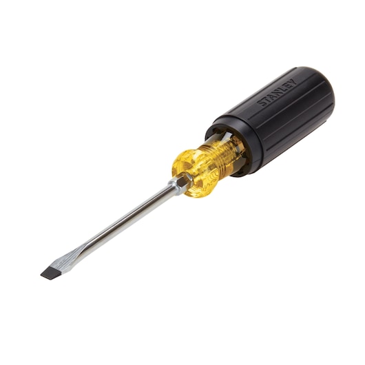 Stanley flathead screwdriver with black handle and yellow transparent neck, angled on white background