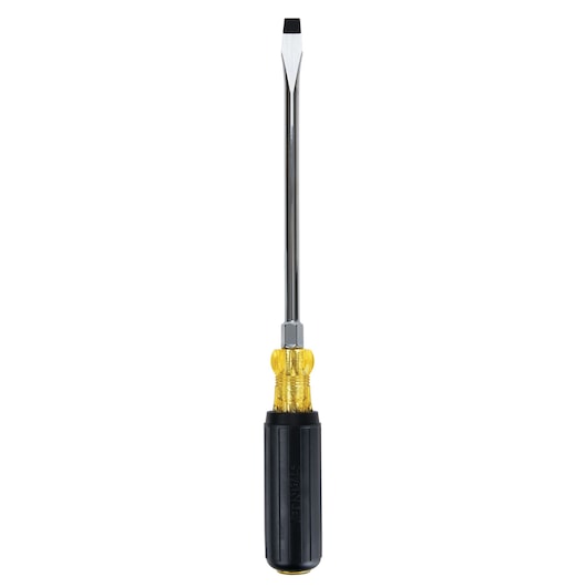 Stanley flathead screwdriver front view, clear yellow and black handle, chrome shaft, white background