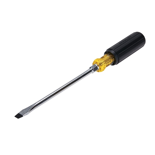 Stanley flathead screwdriver with black and yellow handle, side angle, on white background