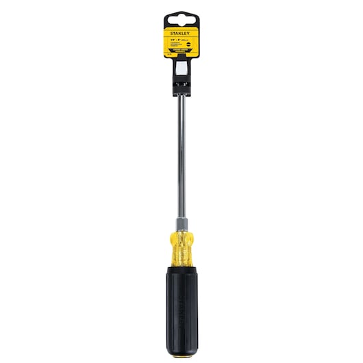 STANLEY 66-092 long shaft flathead screwdriver with black and yellow handle, front view on white background.
