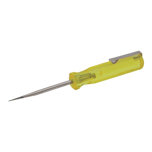 Stanley tester screwdriver, side angle, clear yellow handle, metal clip, pointed metal tip, white background