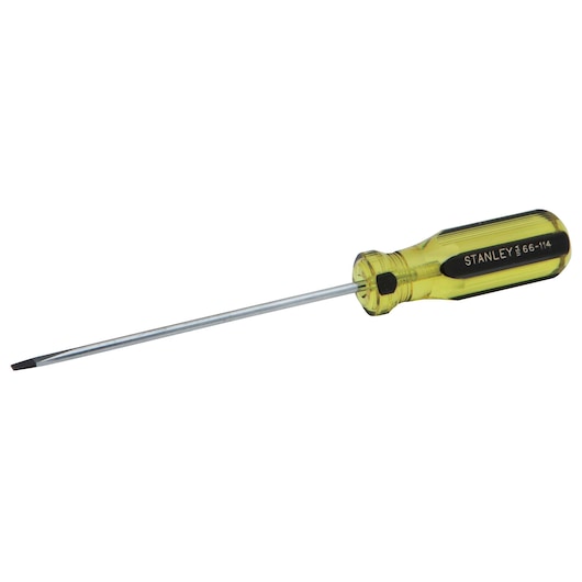 Stanley flathead screwdriver side view with clear yellow handle and chrome shaft on white background
