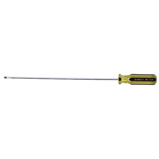 Stanley long flathead screwdriver with yellow and black handle, side view on white background