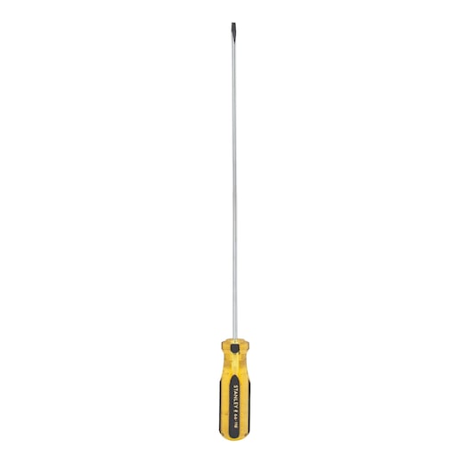 Stanley flathead screwdriver, front view, yellow and black handle with long metal shaft on white background