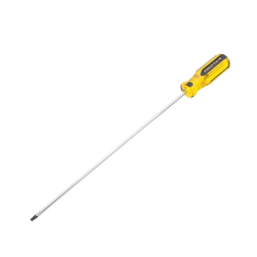 Stanley long flathead screwdriver with translucent yellow handle, side angle on white background