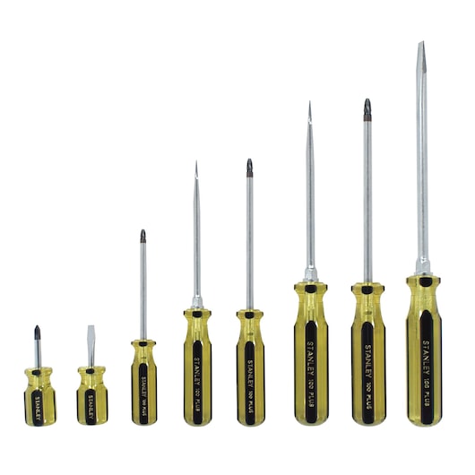 Stanley screwdriver set, eight pieces, various sizes, flathead and Phillips, clear yellow and black handles, front view.