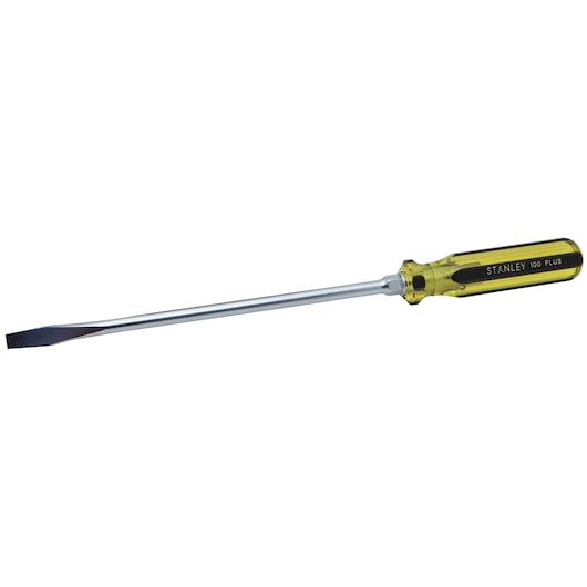 Stanley flathead screwdriver side view with clear yellow and black handle on white background