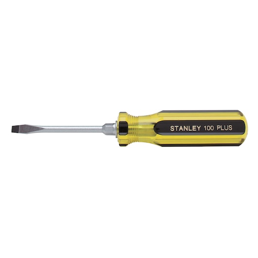 STANLEY 66-163 flathead screwdriver with yellow and black handle, side view on white background.