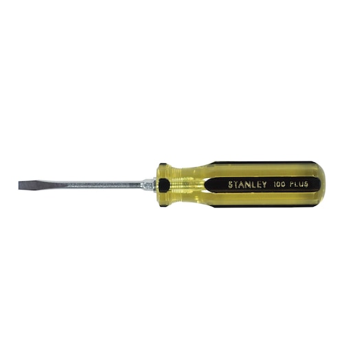 Stanley flathead screwdriver with clear yellow handle, side view on white background