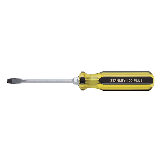 Side view of STANLEY flathead screwdriver with yellow and black handle on white background