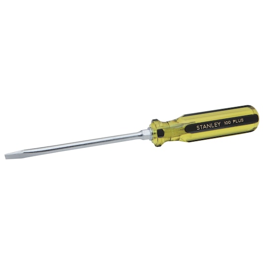 Stanley flathead screwdriver side view with yellow transparent handle and chrome shaft on white background.