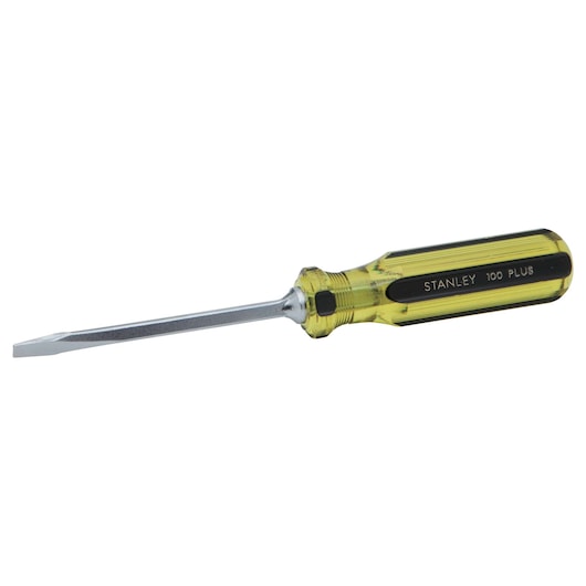 Stanley flathead screwdriver with yellow and black handle, side view on white background.
