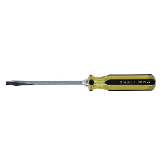 Stanley flathead screwdriver side view, yellow and black handle on white background