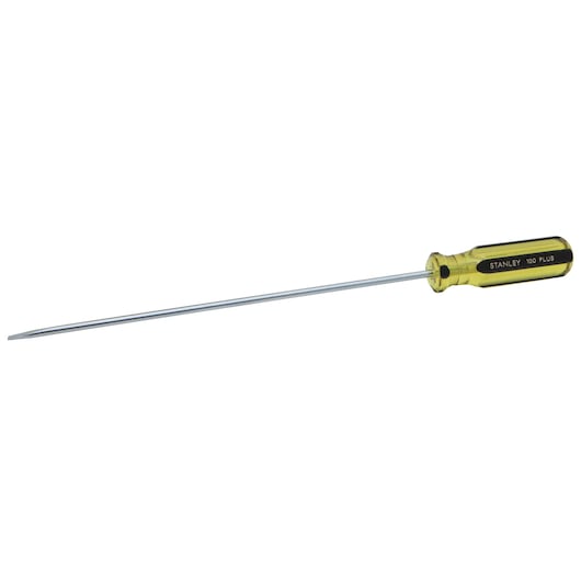 Stanley flathead screwdriver with long metal shaft and translucent yellow handle, side view on white background