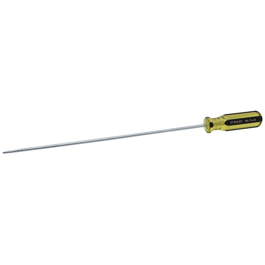 Stanley long flathead screwdriver with yellow translucent handle, side view on white background