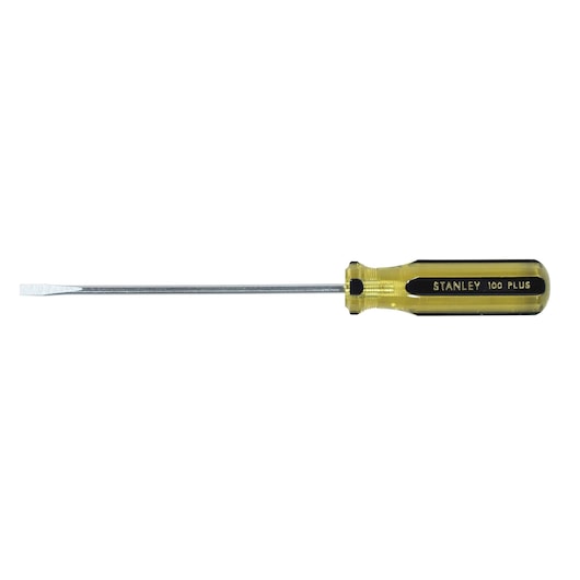 Stanley flathead screwdriver side view with yellow and black handle, metal shaft, white background