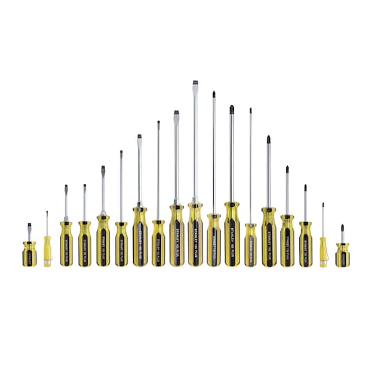 Stanley screwdriver set, 20-piece, yellow and black handles, flat and Phillips head, front angle on white background