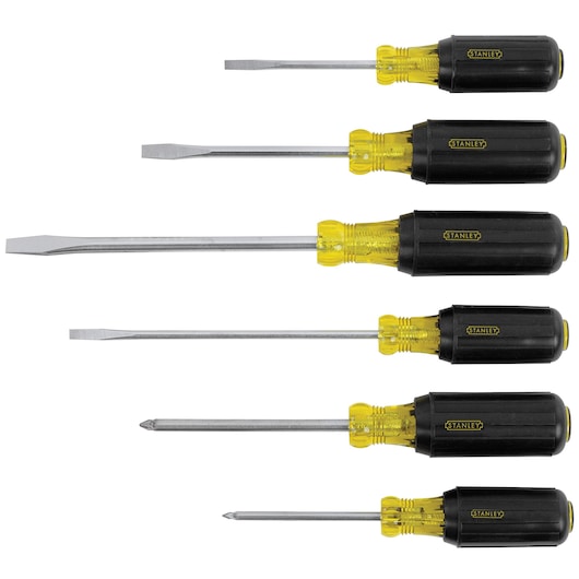 STANLEY 66-565 screwdriver set, six-piece, flathead and Phillips, black and yellow handles, top-down photo.