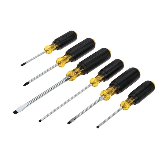 Stanley screwdriver set, six pieces, flat and Phillips heads with black and yellow handles, angled product shot