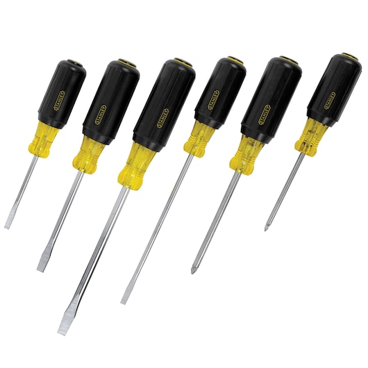 STANLEY 66-565 screwdriver set with black and yellow handles, six screwdrivers, front angle, white background.