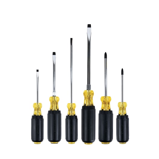 Stanley screwdriver set front angle on white background, six screwdrivers with black and yellow handles.
