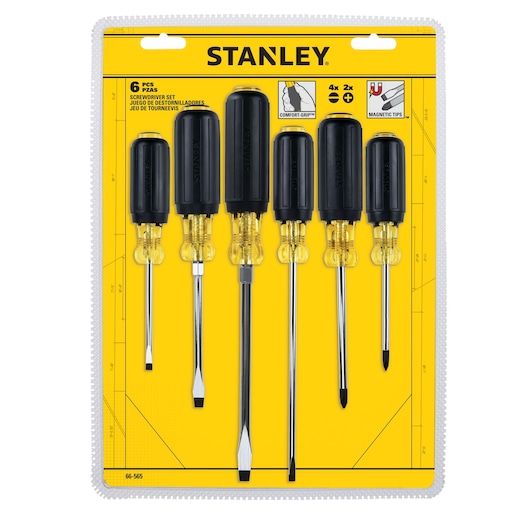 Photo of STANLEY 66-565 screwdriver set, six black and yellow tools, front angle on yellow packaging.