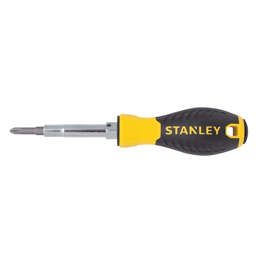 Stanley multi-bit screwdriver side view with yellow and black ergonomic handle on white background