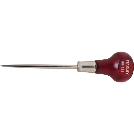 STANLEY 69-122 scratch awl with a red wood handle and steel pointed shaft, side view on white background.