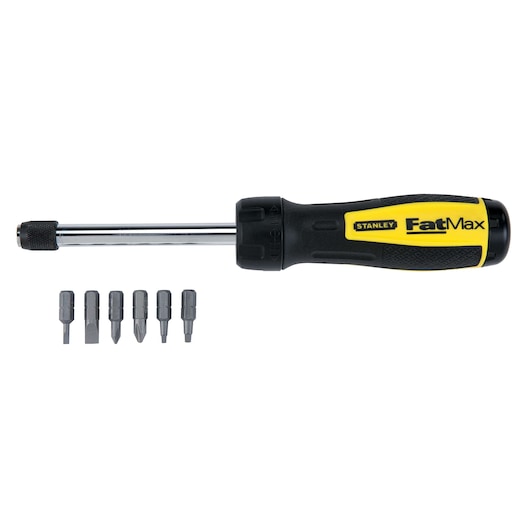 Stanley FatMax screwdriver set with yellow and black handle, six interchangeable bits, front view on white background