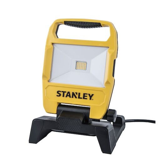 Front view of Stanley LED work light in yellow and black with handle and sturdy base